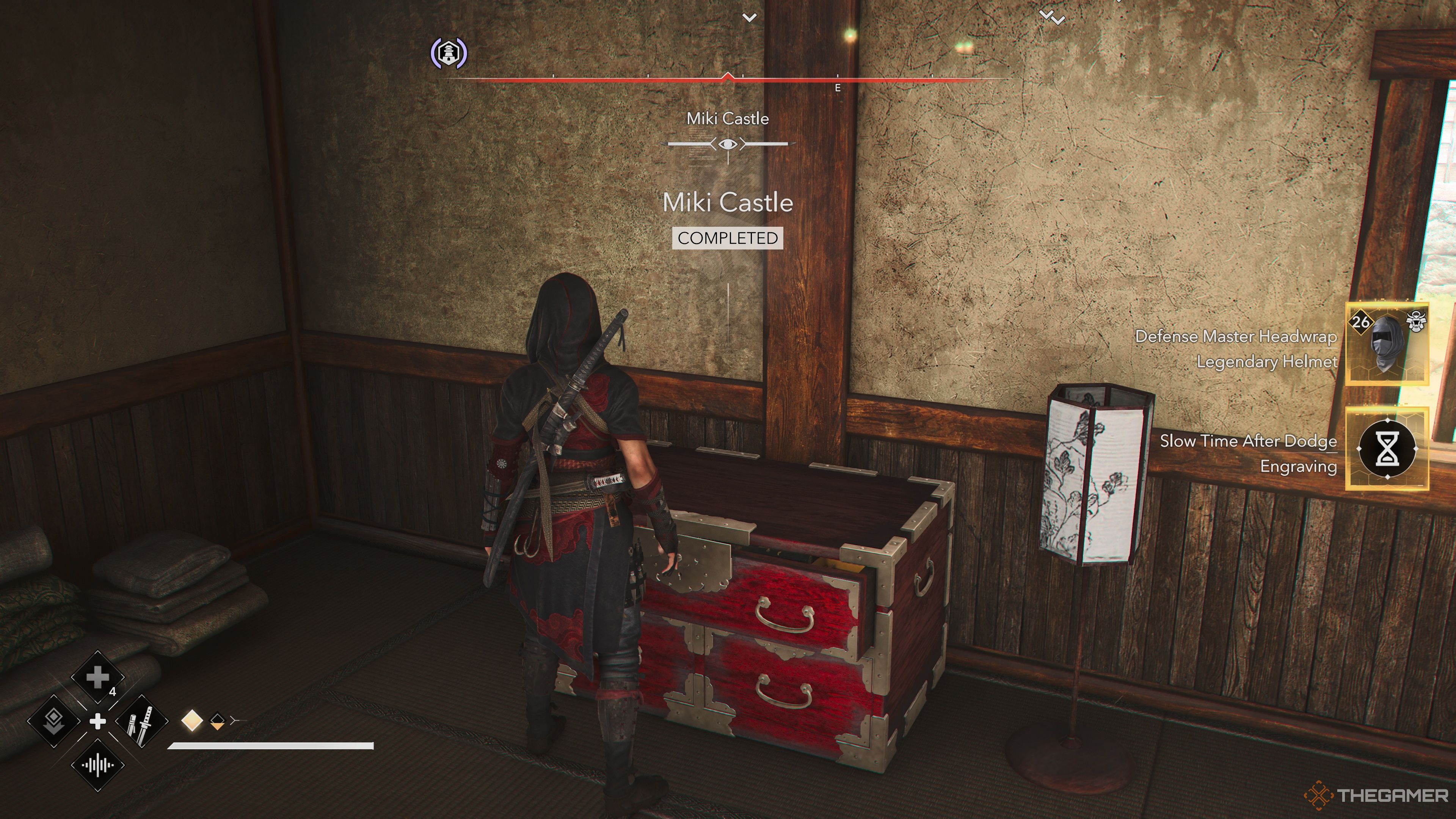 Naoe claims the Defense Master Headwrap from the Miki Castle Reward Chest in Assassin's Creed Shadows.
