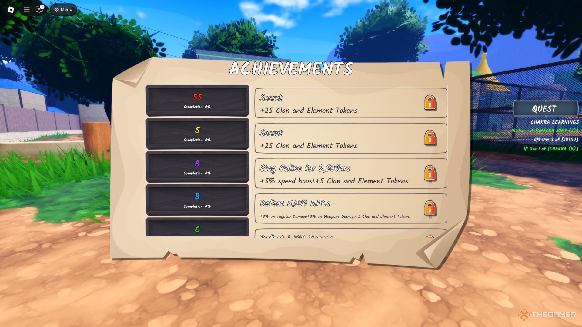 The player character shows the Achievements menu while being in the Leaf Village in Ninja Time.