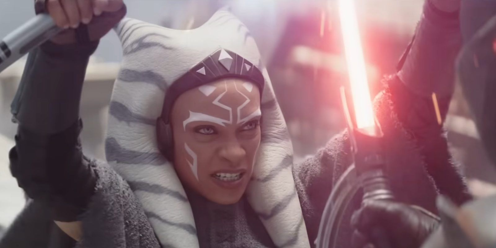 Ahsoka parrying an attack in the Ahsoka series.