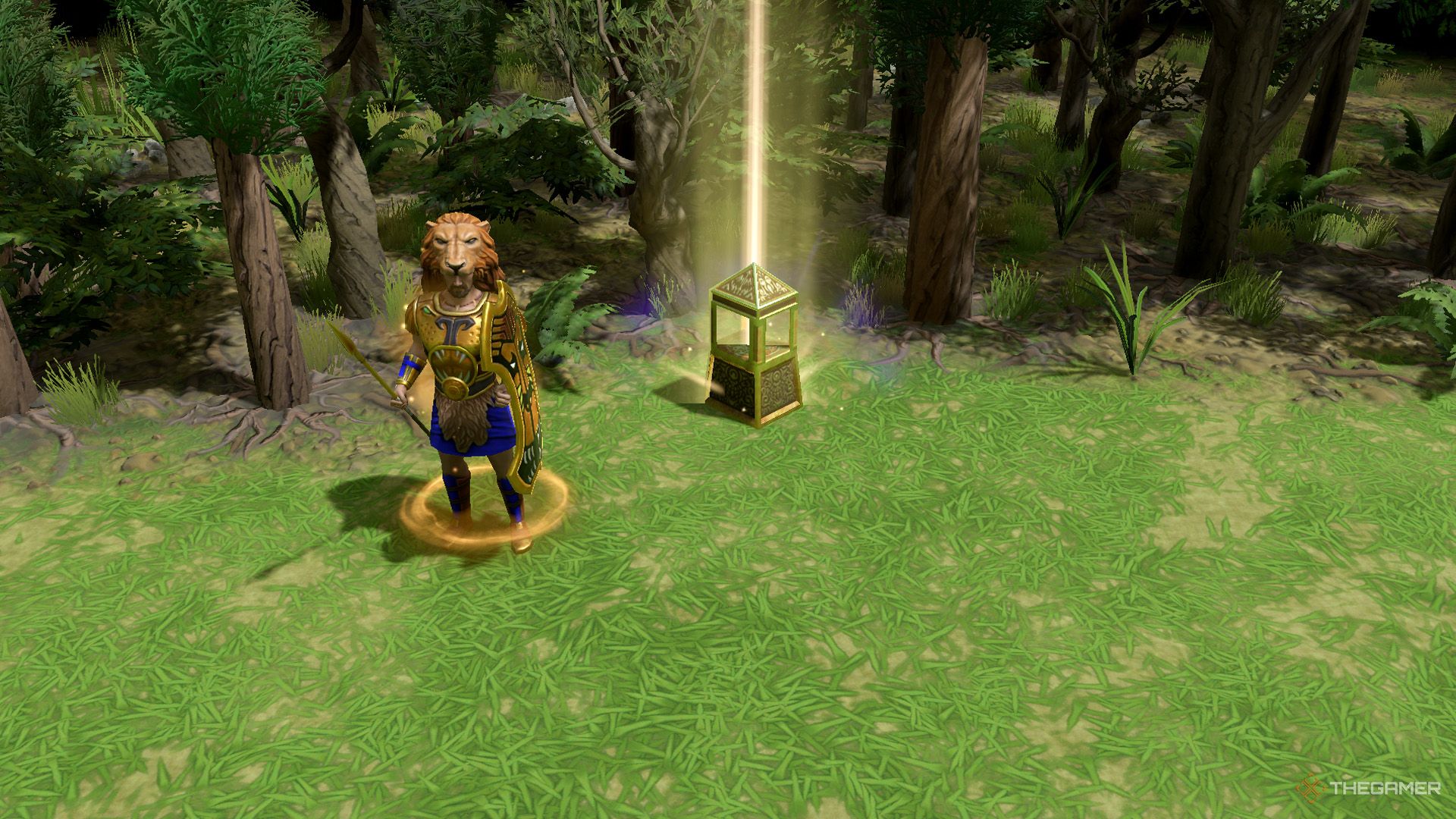 Ajax is standing next to a relic in Age Of Mythology Retold