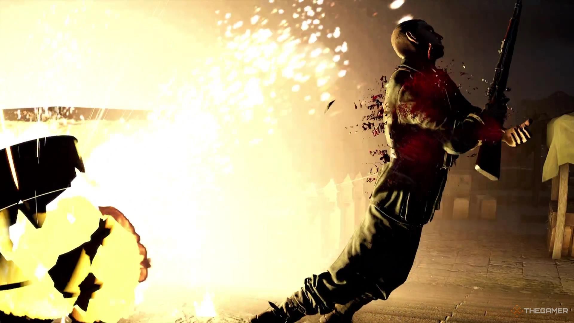An explosive barrel detonates right next to a Nazi in Sniper Elite Resistance, blowing them sideways as if they're being pulled off-screen by a hook.