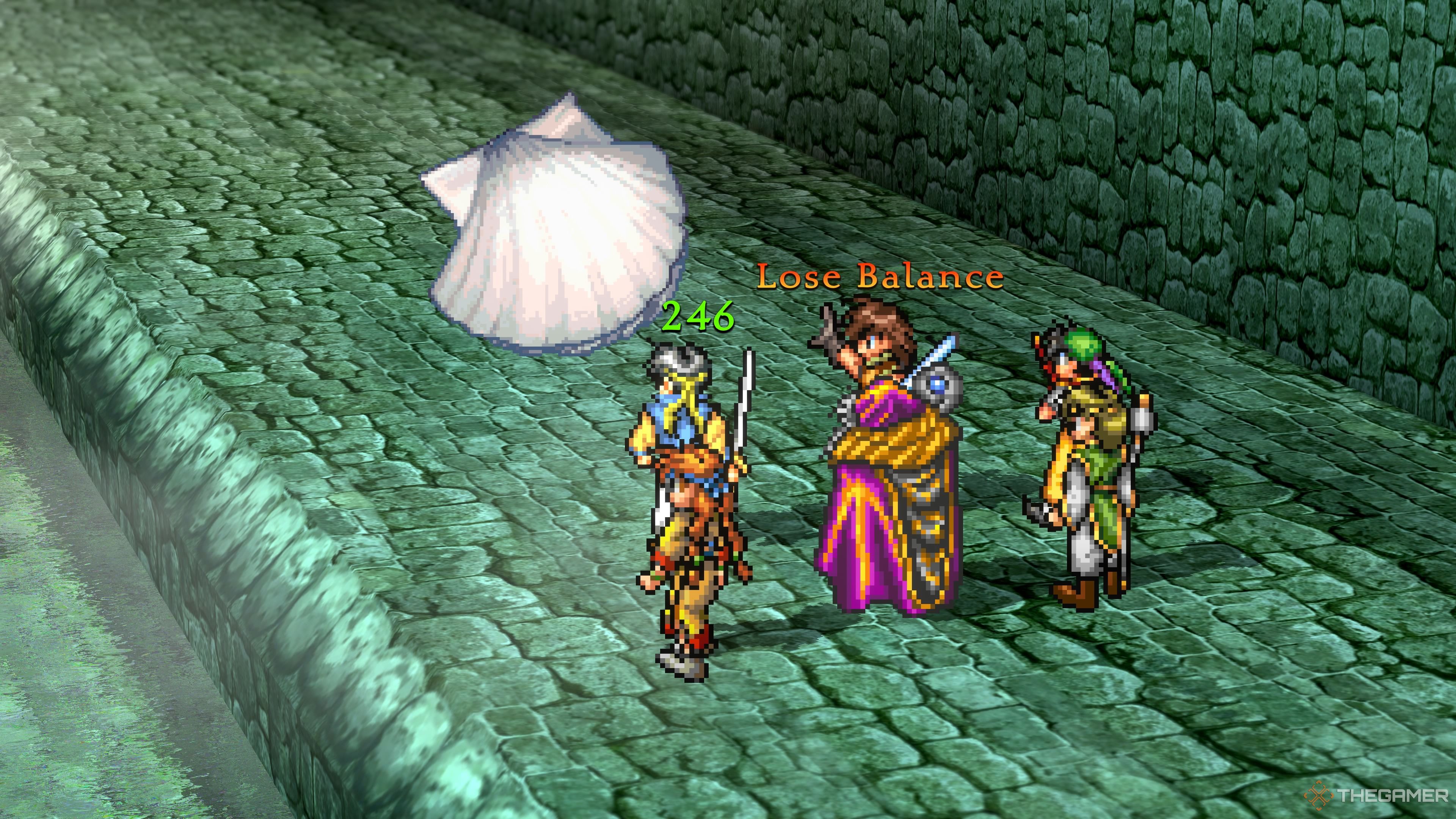 An unbalanced Viktor heals during the Venus Clam boss of the Toran Lake Castle in Suikoden 1 HD Remaster.