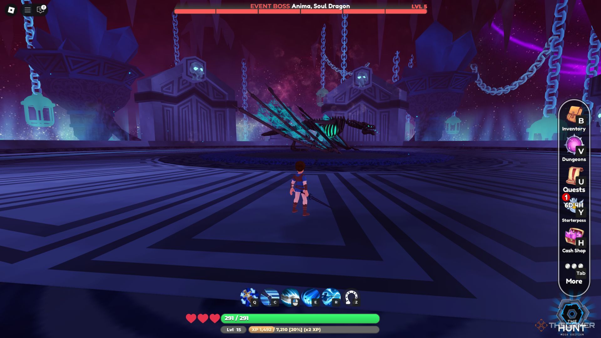 The player character moves towards Anima, the Soul Dragon in the Gravetower's Past event dungeon in World Zero.