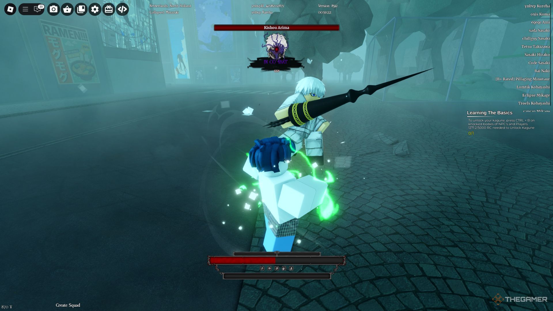 The player character is fighting against Arima Boss on the street in Ghoul Re.