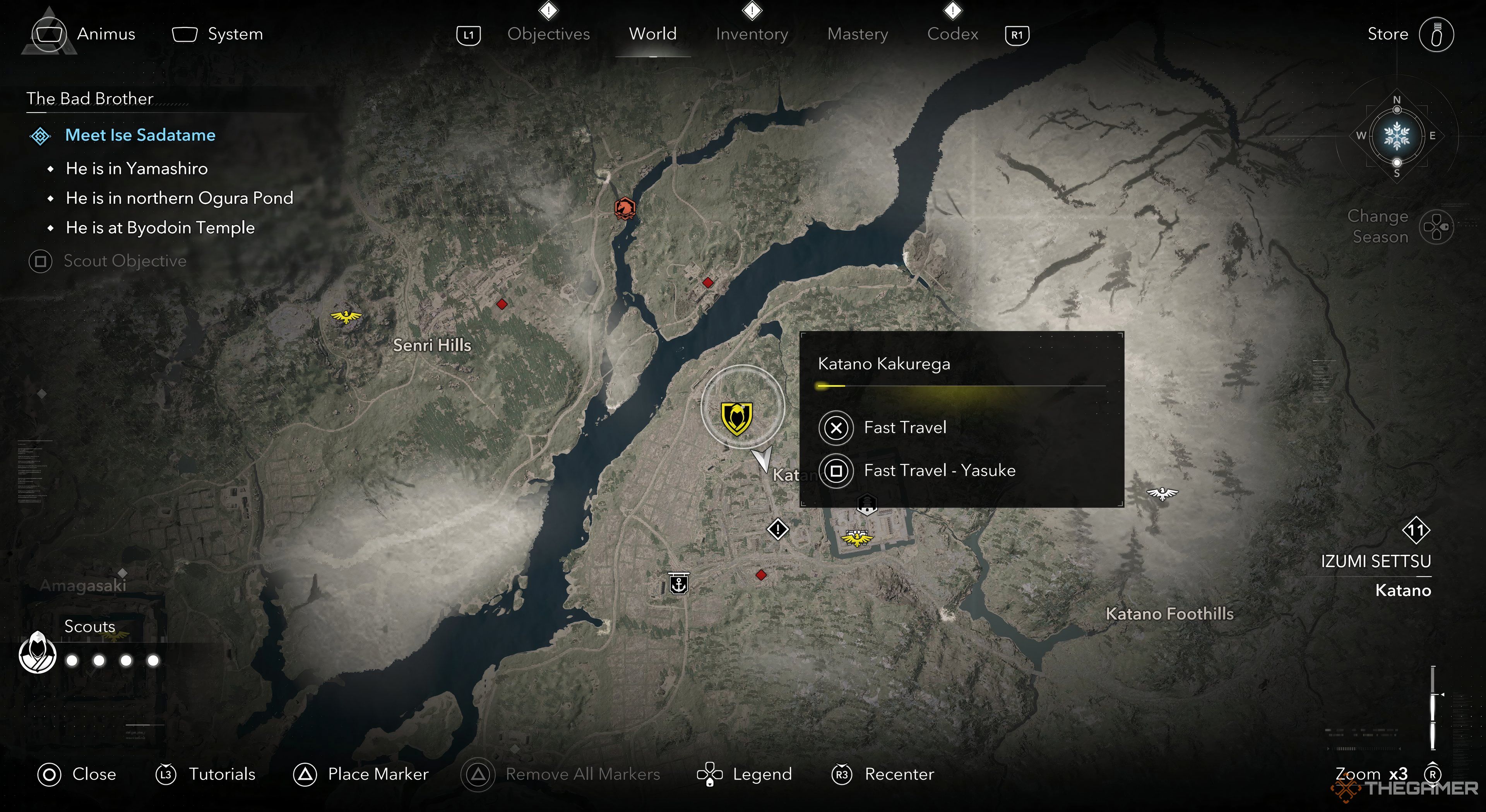 Assassin's Creed Shadows Katano Hideout selected showing fast travel options. 