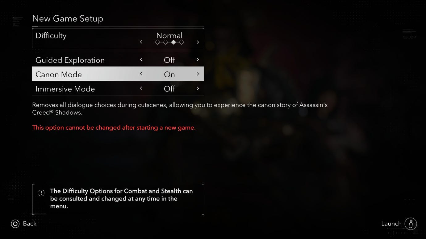 A new game setup screen in Assassin's Creed Shadows, including Canon Mode. The text explains in red that this option cannot be changed after starting a new game.