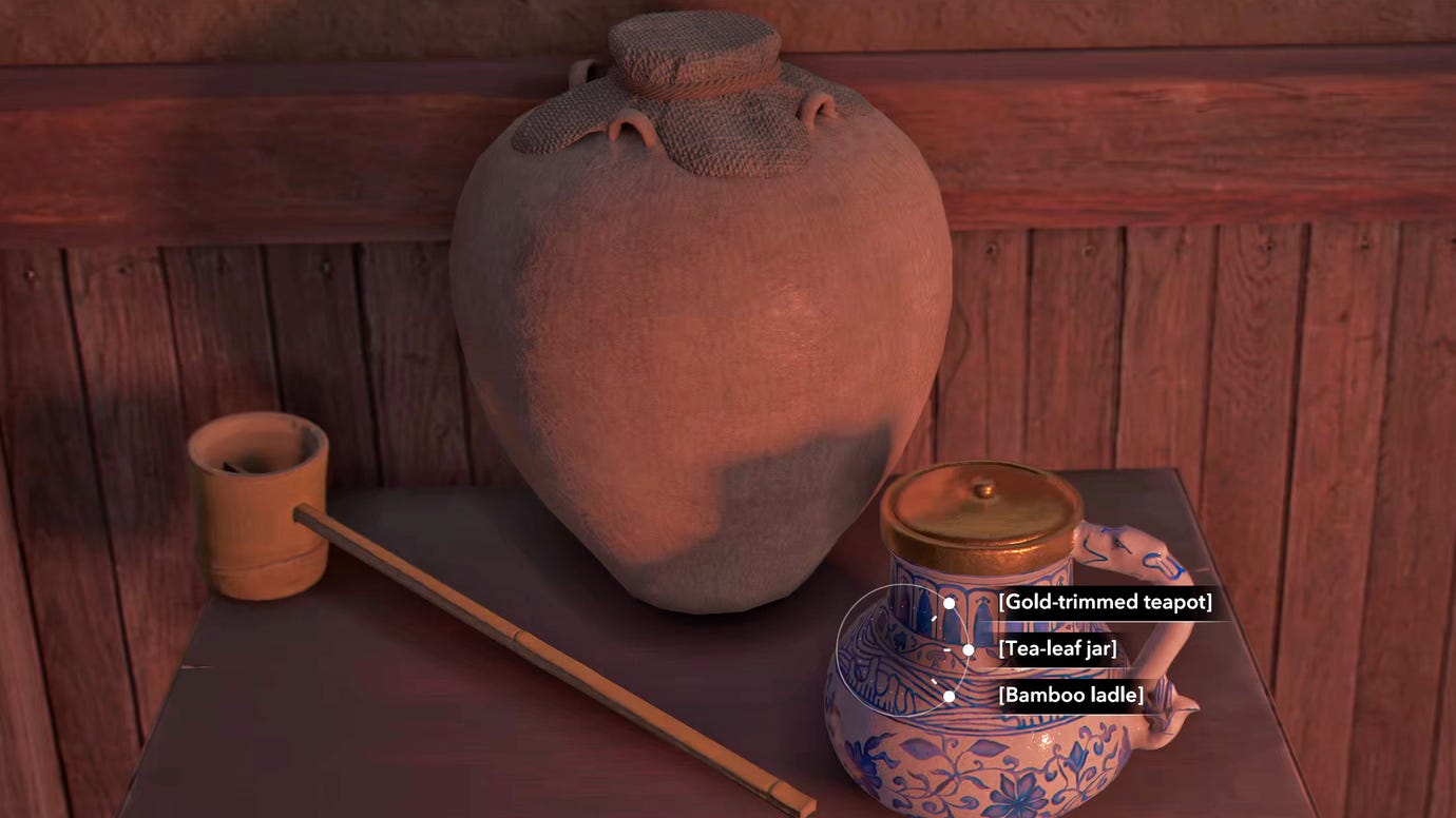 A close-up of three potential gifts in Assassin's Creed Shadows: a teapot, a jar, and a ladle.