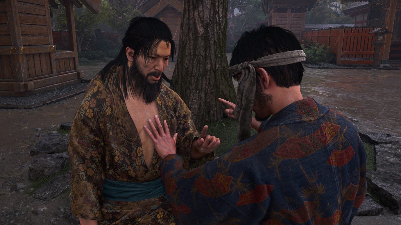 A close-up of Grave Dancer, a Kabukimono boss in Assassin's Creed Shadows.