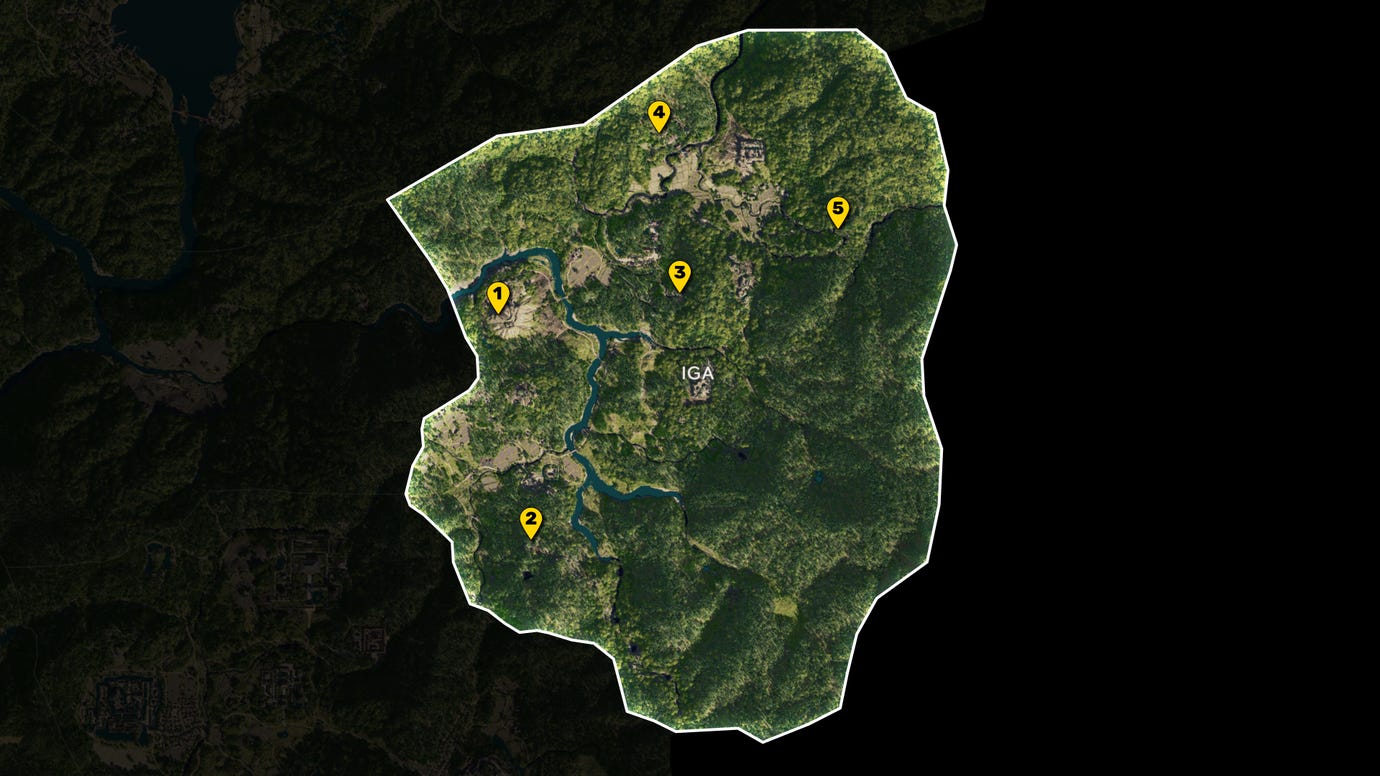 Part of the map of Assassin's Creed Shadows, with everything except the region of Iga greyed out, and all Viewpoints in the region marked and numbered in yellow.