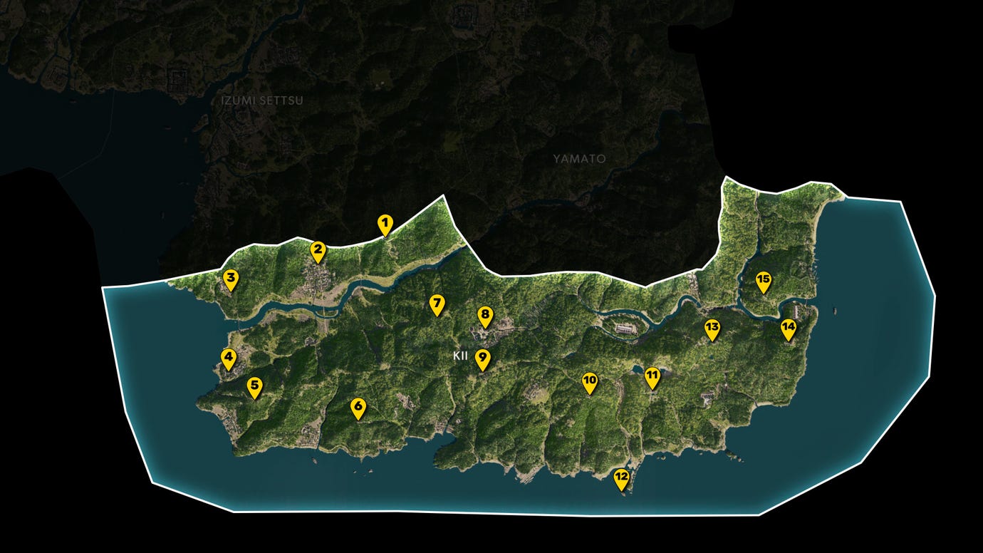 Part of the map of Assassin's Creed Shadows, with everything except the region of Kii greyed out, and all Viewpoints in the region marked and numbered in yellow.