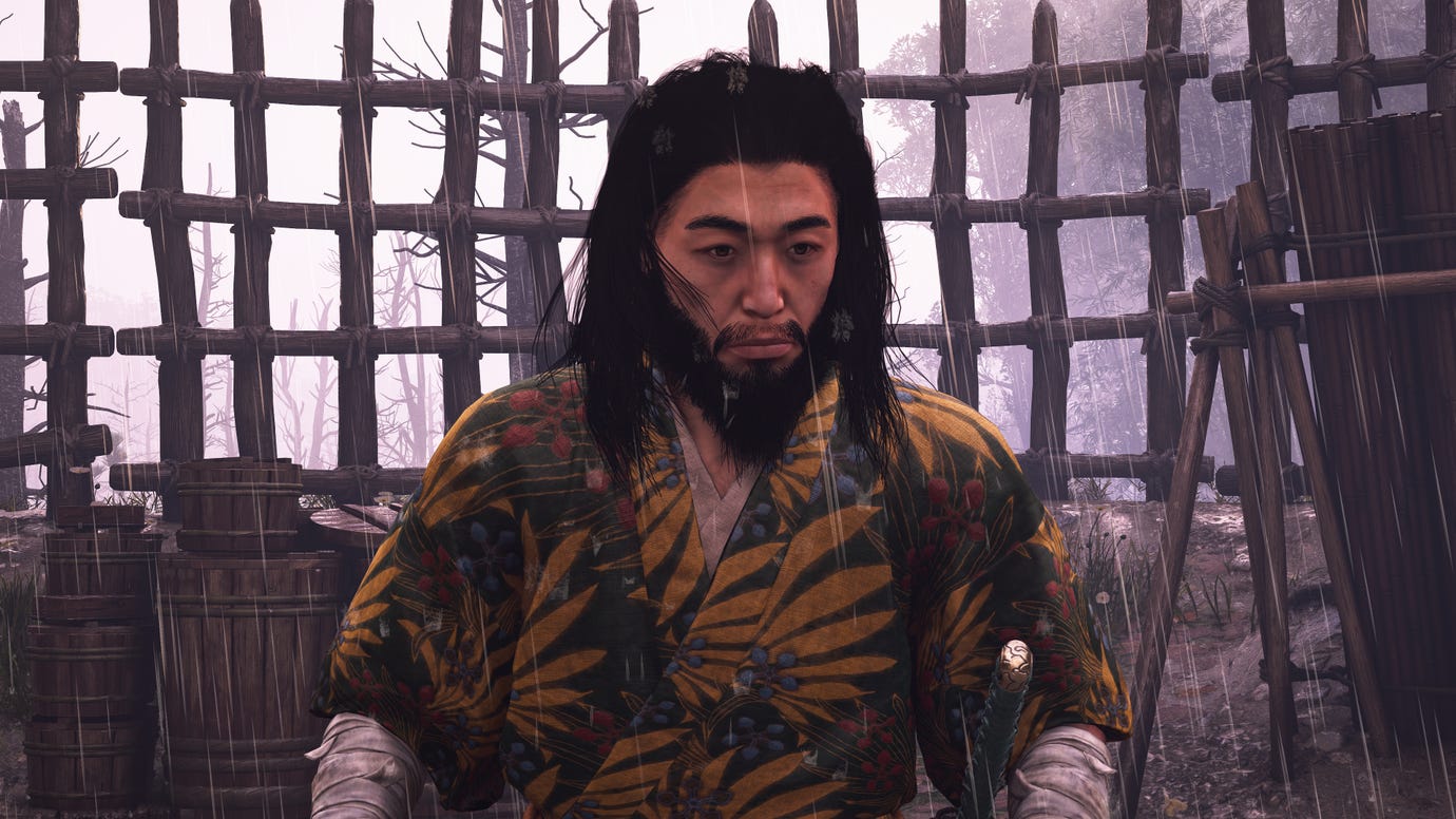 A close-up of Laughing Man, a Kabukimono boss in Assassin's Creed Shadows.
