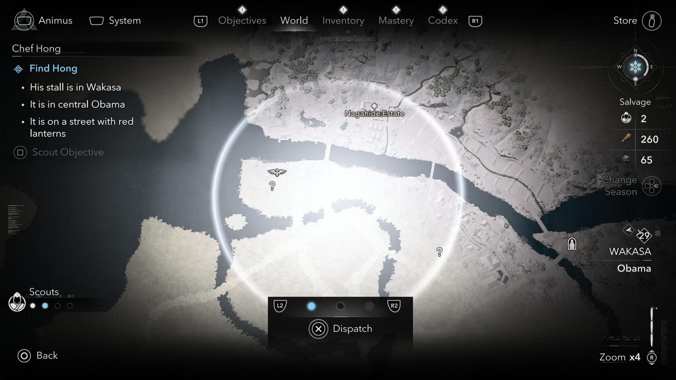 The Assassin's Creed Shadows world map with a large white pulsing circle in the middle and a text box reading 'dispatch' displayed at the bottom.