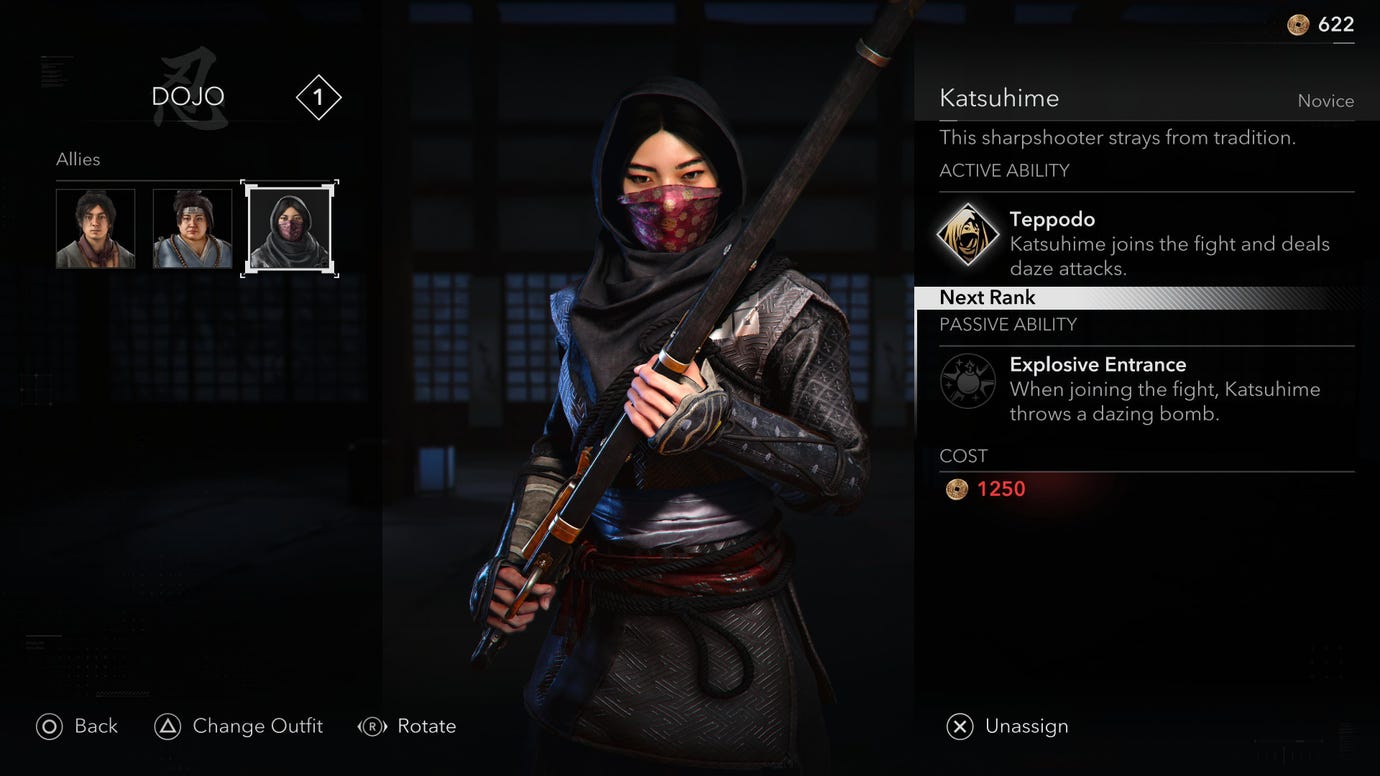 The dojo screen in Assassin's Creed shadows, displaying recruited allies on the left, with Katsuhime in the centre and her abilities displayed on the right.