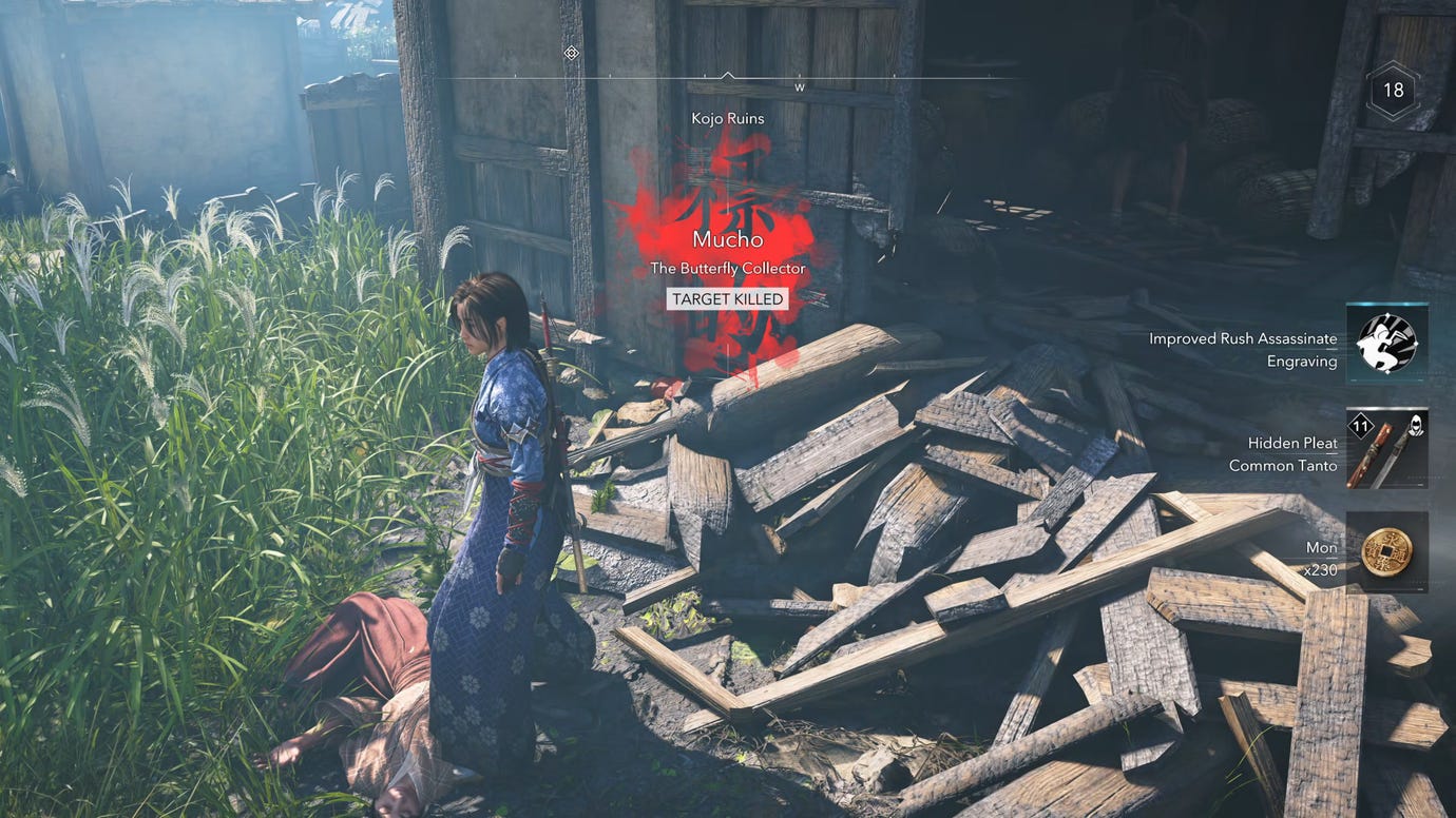Naoe, the protagonist of Assassin's Creed Shadows, stands outside a ruined building over the body of Mucho, a kidnapper.