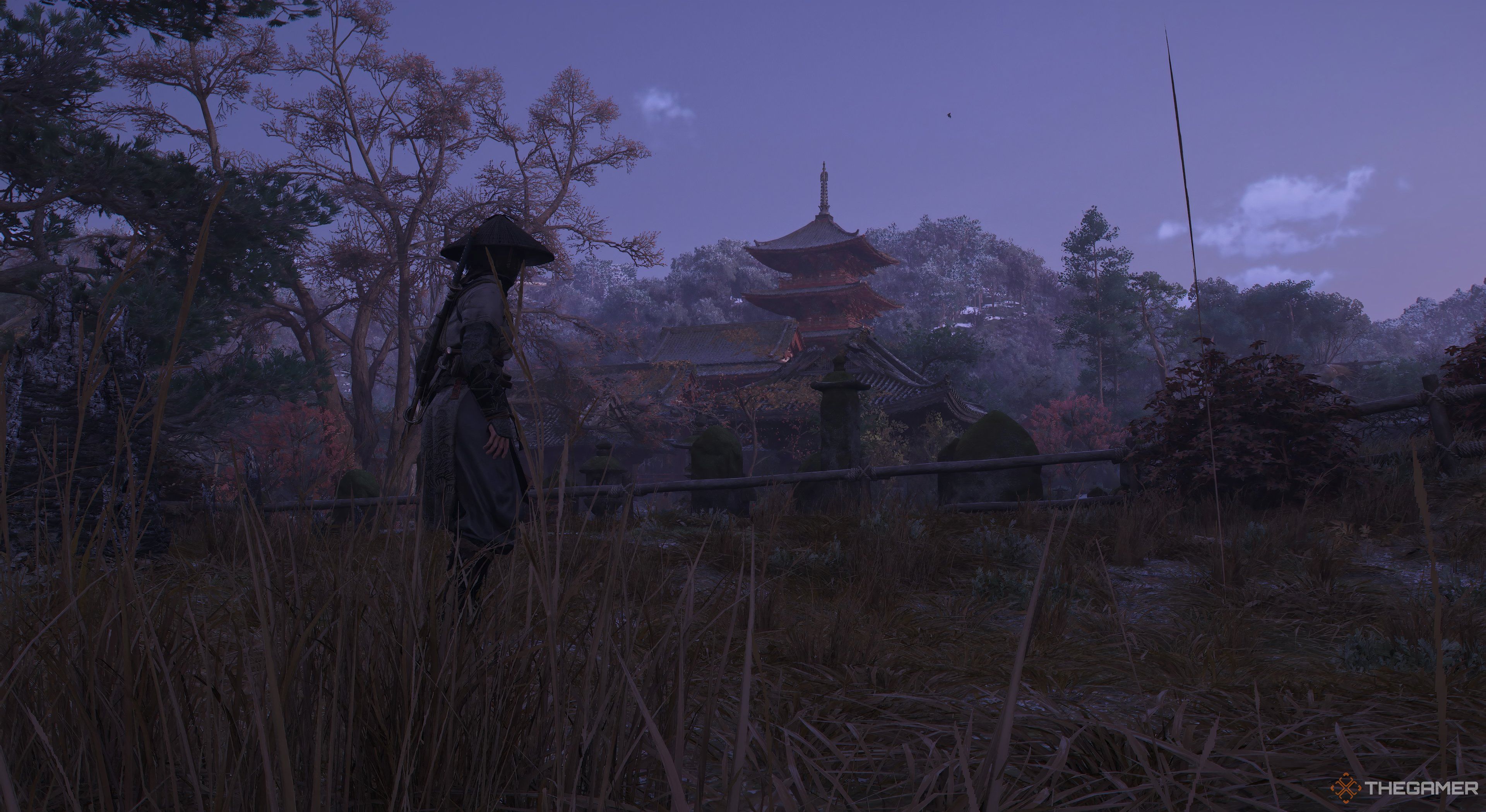 Assassins Creed Shadows Naoe looking at temple during the night with a fence in front of her. Tall grass surroundes her.