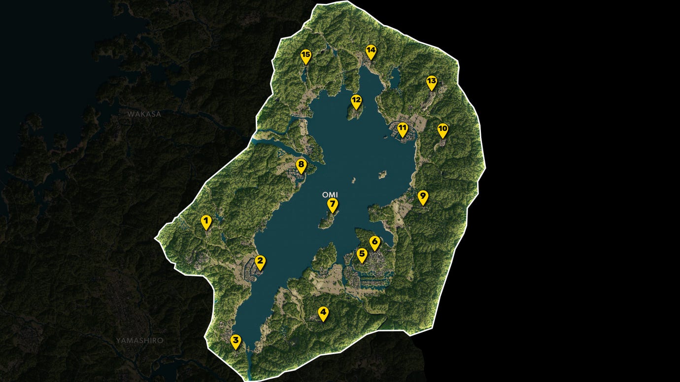 Part of the map of Assassin's Creed Shadows, with everything except the region of Omi greyed out, and all Viewpoints in the region marked and numbered in yellow.