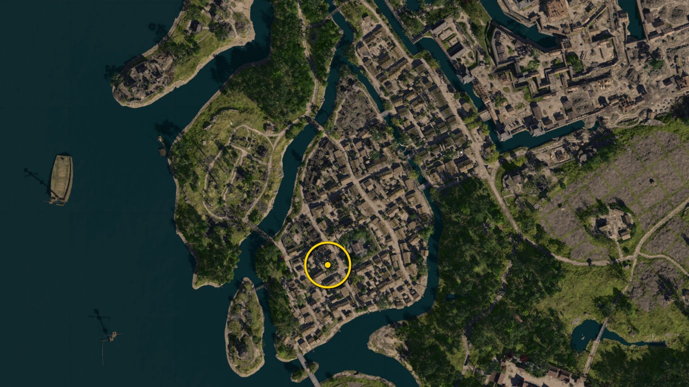 A zoomed in map of Osaka in Assassin's Creed Shadows, with the location of the Blue Origami Butterfly marked with a yellow circle.