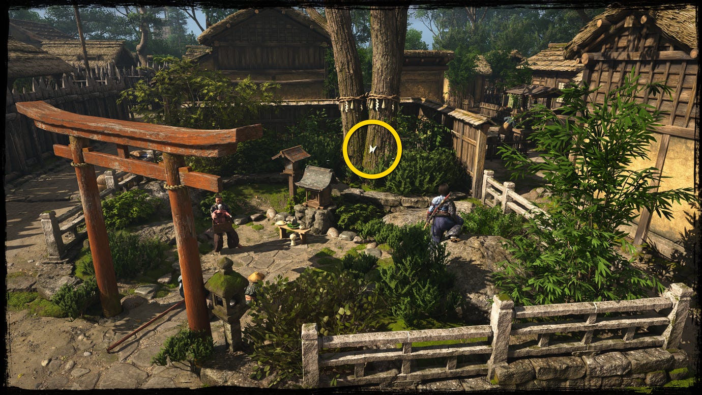 A shot of a tree in a garden in Osaka in Assassin's Creed Shadows, with a yellow circle highlighting the location of a blue Origami Butterfly.