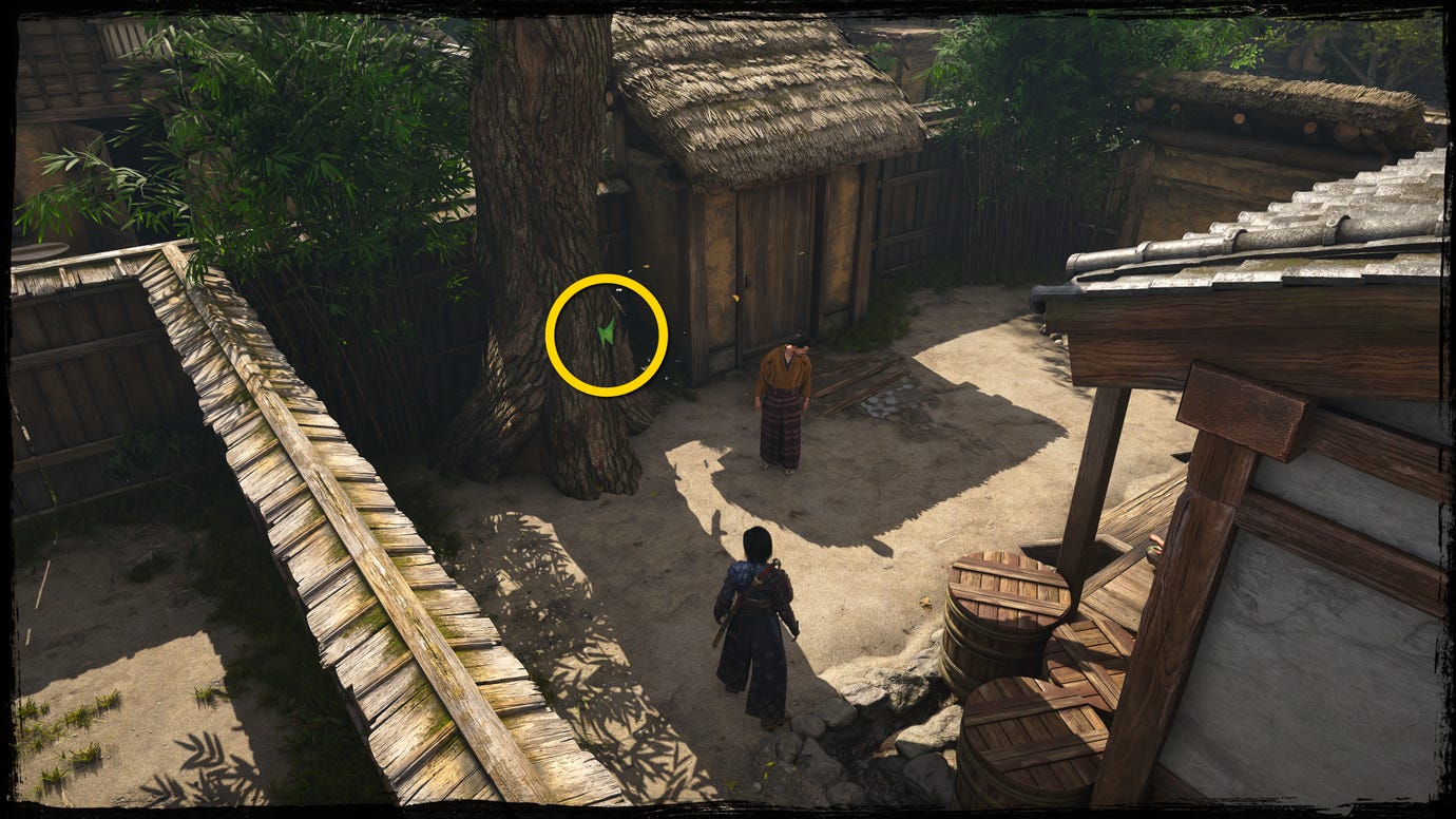 A close-up of a tree in Osaka in Assassin's Creed Shadows, with a yellow circle highlighting the location of a green Origami Butterfly.