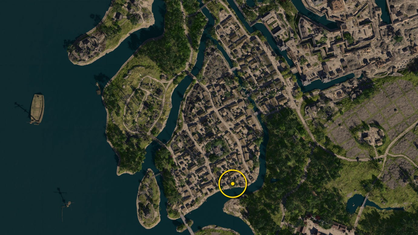A zoomed in map of Osaka in Assassin's Creed Shadows, with the location of the Orange Origami Butterfly marked with a yellow circle.