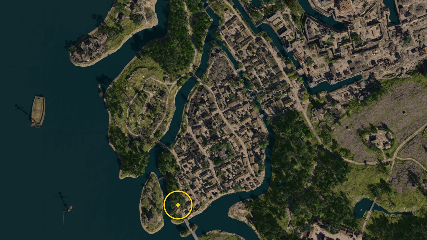 A zoomed in map of Osaka in Assassin's Creed Shadows, with the location of the Pink Origami Butterfly marked with a yellow circle.
