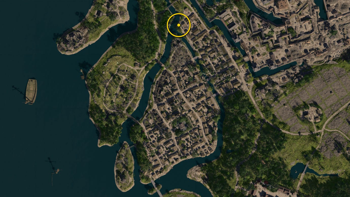 A zoomed in map of Osaka in Assassin's Creed Shadows, with the location of the Purple Origami Butterfly marked with a yellow circle.