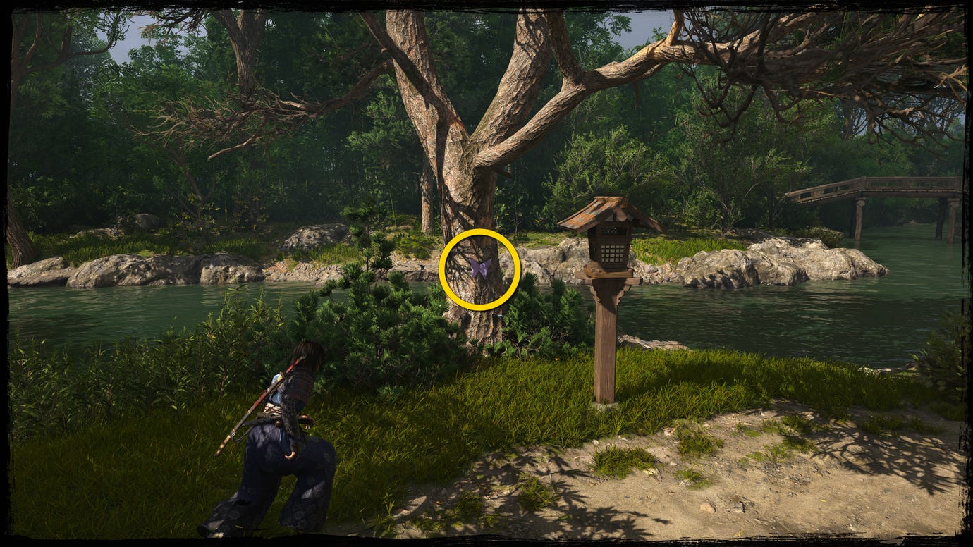 A close-up of a tree by a river in Osaka in Assassin's Creed Shadows, with a yellow circle highlighting the location of a purple Origami Butterfly.