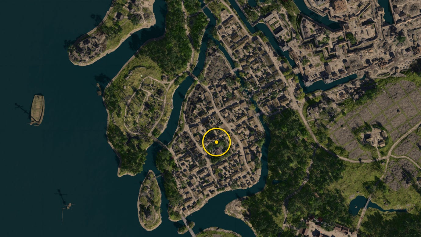 A zoomed in map of Osaka in Assassin's Creed Shadows, with the location of the Red Origami Butterfly marked with a yellow circle.