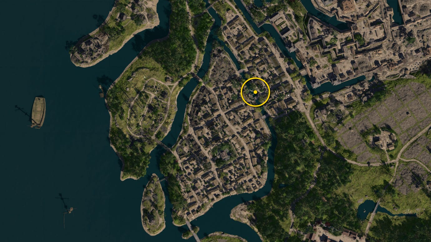 A zoomed in map of Osaka in Assassin's Creed Shadows, with the location of a white Origami Butterfly marked with a yellow circle.