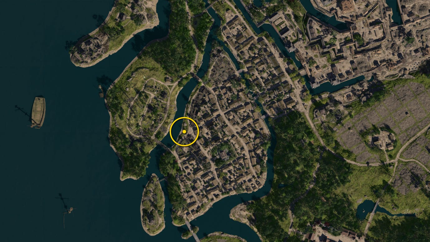A zoomed in map of Osaka in Assassin's Creed Shadows, with the location of a white Origami Butterfly marked with a yellow circle.