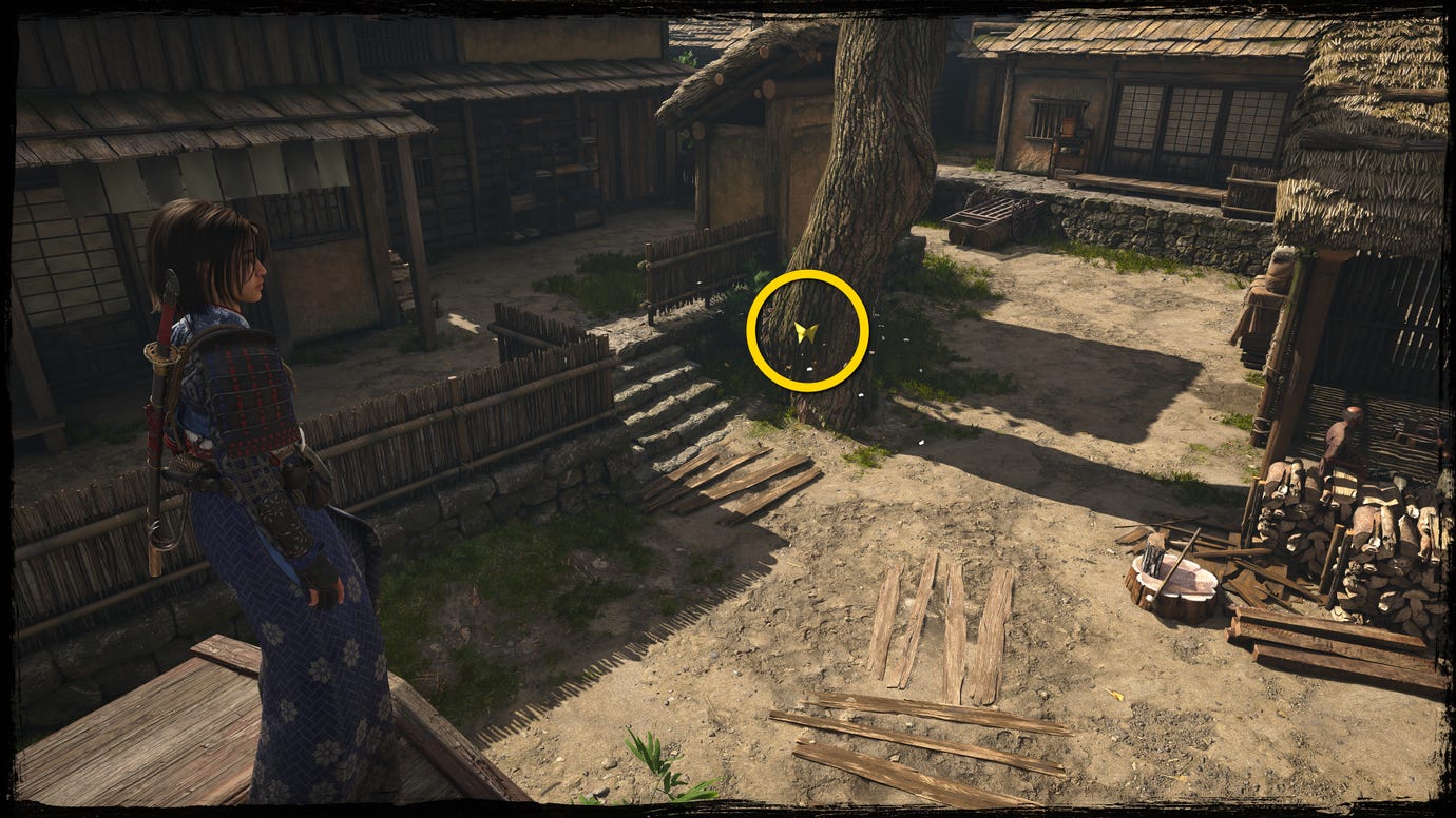 A close-up of a tree in Osaka in Assassin's Creed Shadows, with a yellow circle highlighting the location of a yellow Origami Butterfly.