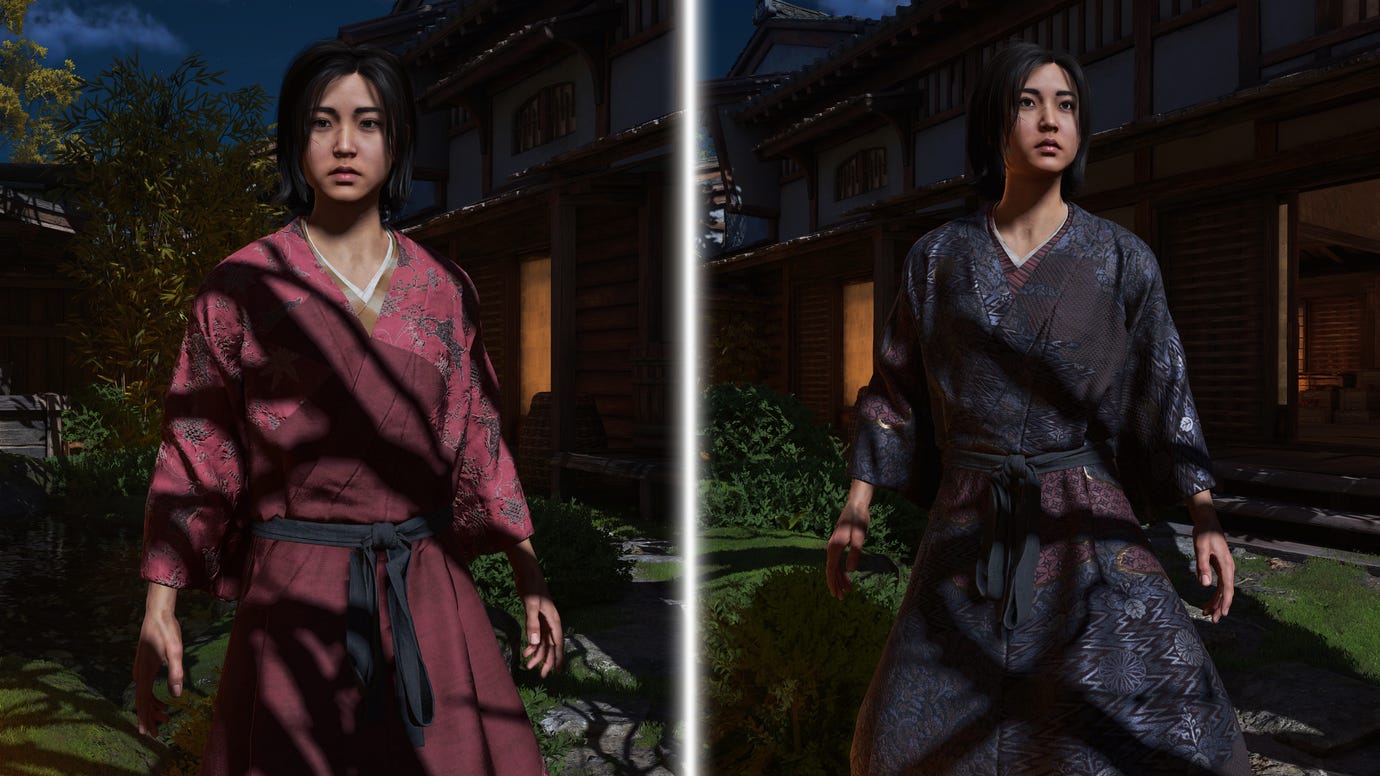 A side-by-side comparison of Naoe, a protagonist of Assassin's Creed Shadows, standing in a garden at night wearing two different styles of kosode: on the left she's wearing red Chinese silk, and on the right she's wearing black Portuguese silk.