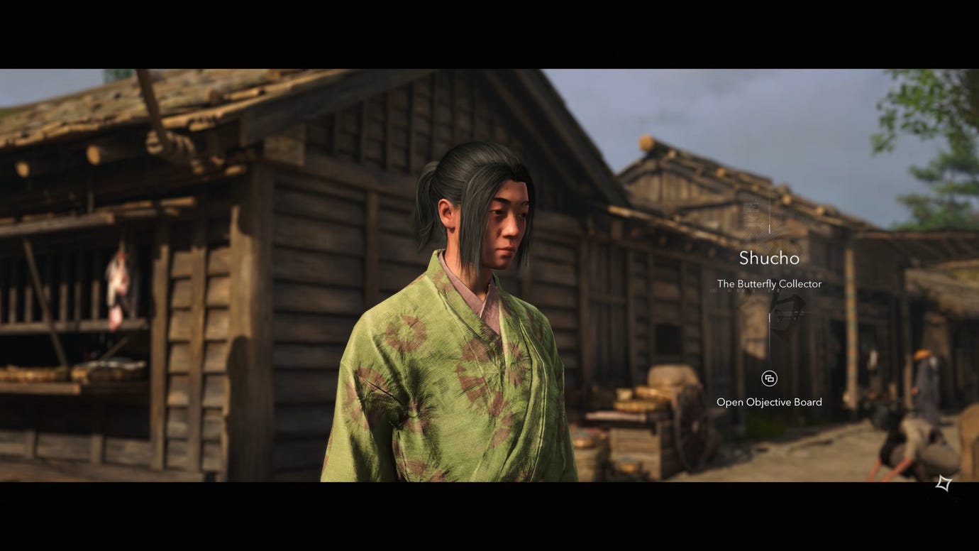A close-up of Shucho, a kidnapper and member of the Butterfly Collectors in Assassin's Creed Shadows, standing outside a wooden building in Osaka.