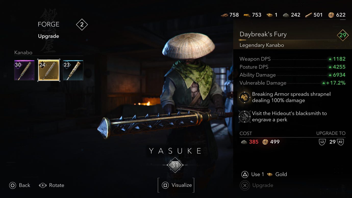 An upgrade screen in Assassin's Creed Shadows showing Yasuke holding a weapon to be upgraded; to the right are numbers displayed in green to indicate improved stats while a number displayed in red indicates the player is short on materials.
