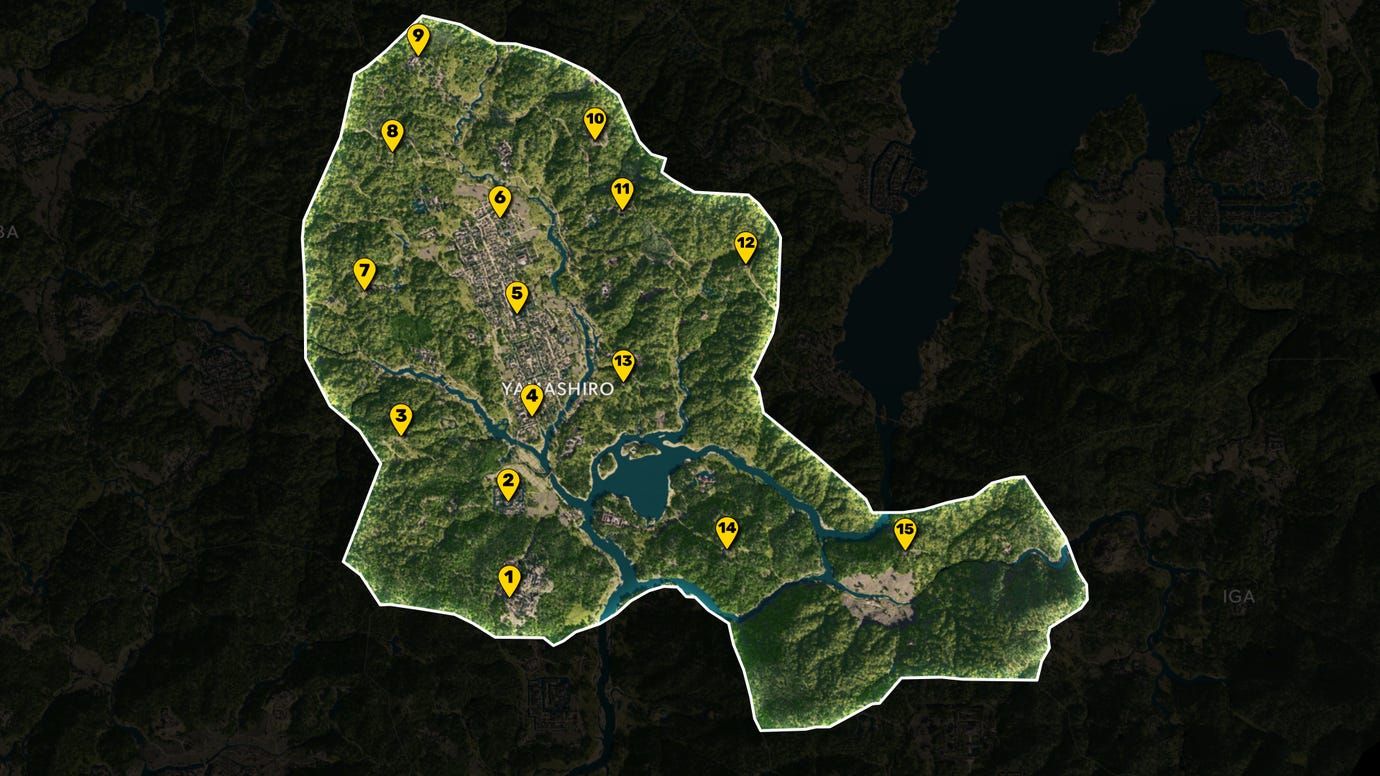 Part of the map of Assassin's Creed Shadows, with everything except the region of Yamashiro greyed out, and all Viewpoints in the region marked and numbered in yellow.