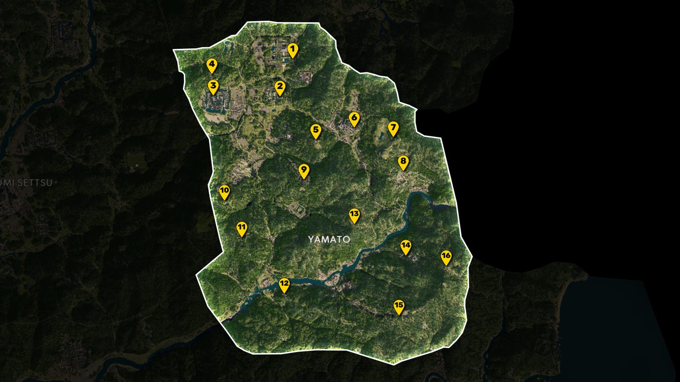 Part of the map of Assassin's Creed Shadows, with everything except the region of Yamato greyed out, and all Viewpoints in the region marked and numbered in yellow.