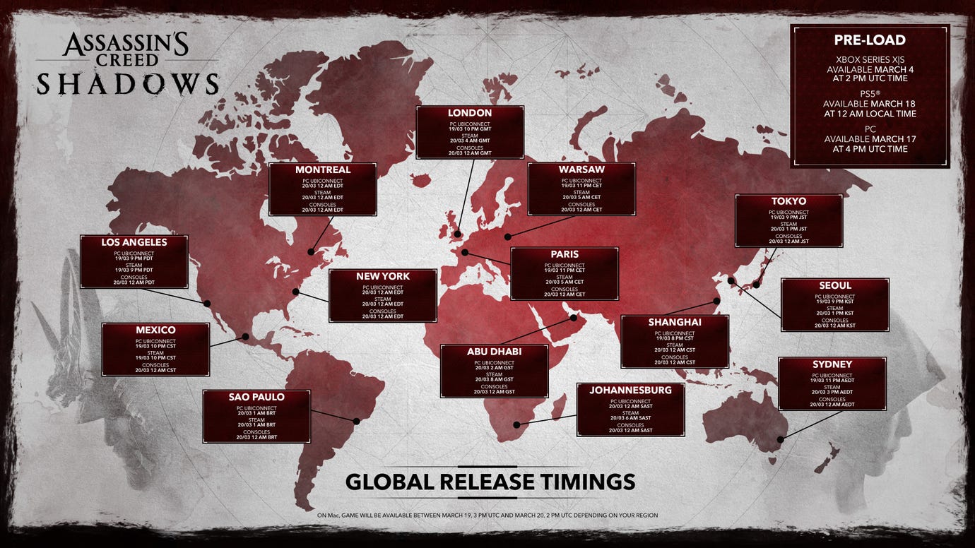 A map of the world showing the global release times for Assassin's Creed Shadows.