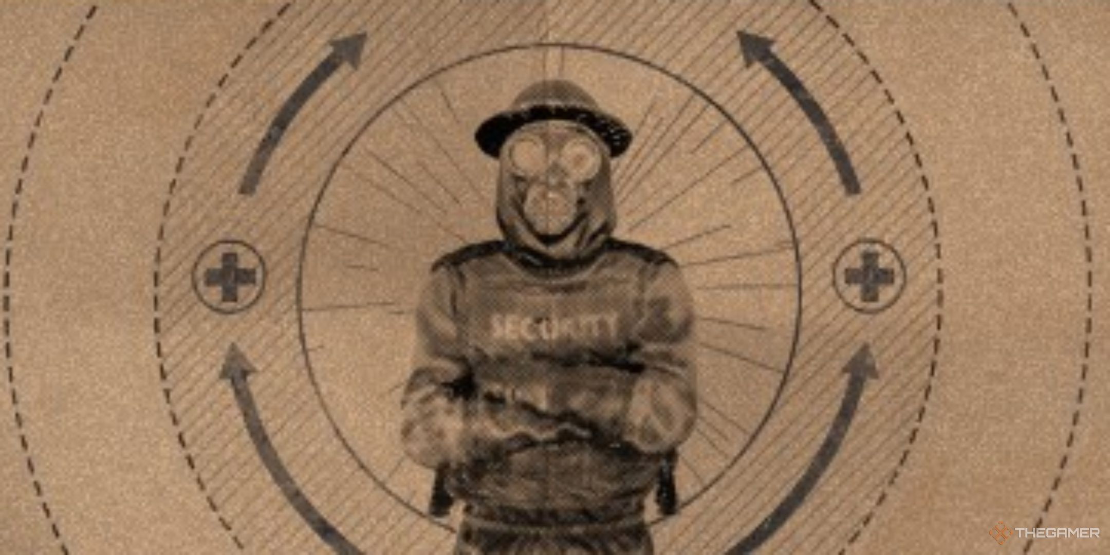 a masked soldier in an armored security vest crosses their arms in the icon for the fortitude skill in atomfall.