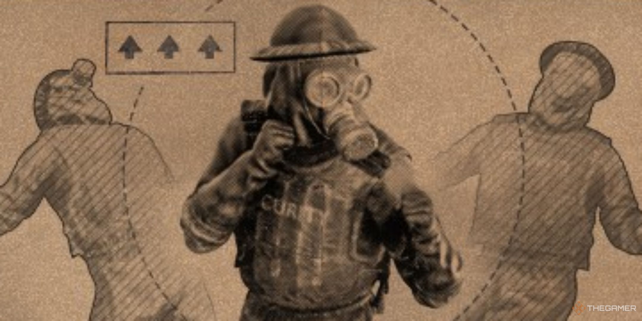 a masked soldier in a fighting stance, with two other soldiers recoiling from blows in the background, on the icon for the thick skin skill in atomfall.