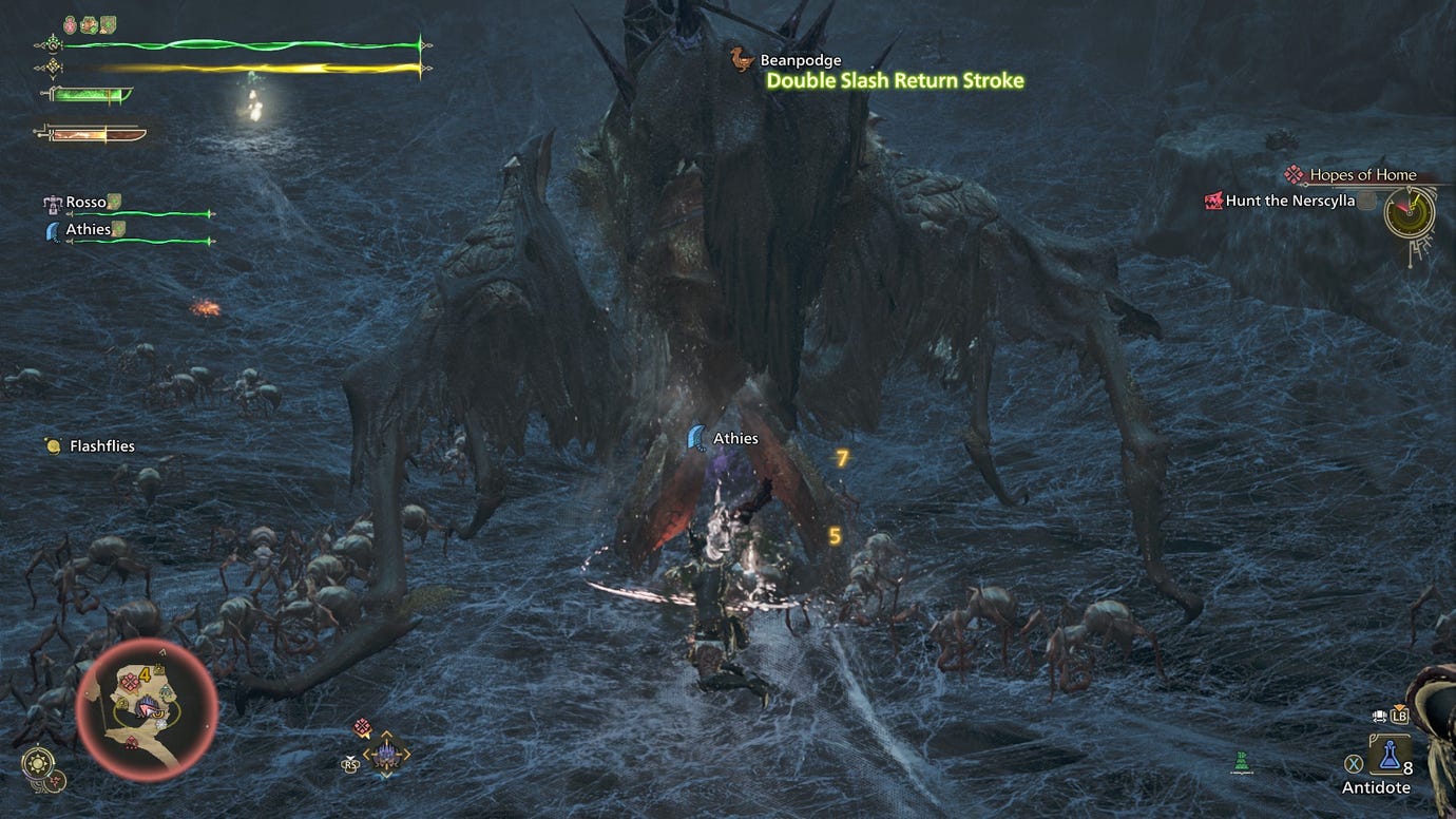 A hunter attacks a Nerscylla's legs in Monster Hunter Wilds.