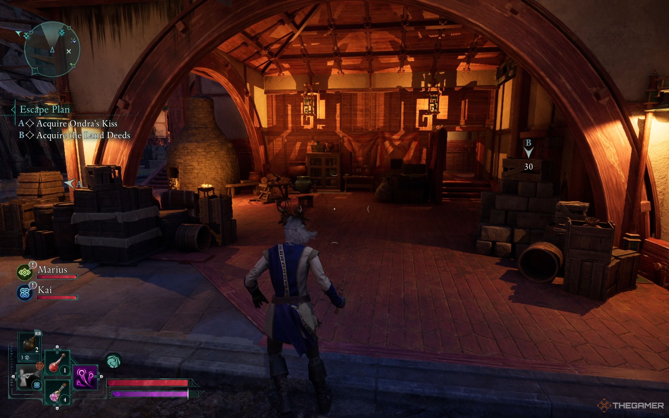 An area with various crates, faraway on the right is an open door, which is very hard to see.