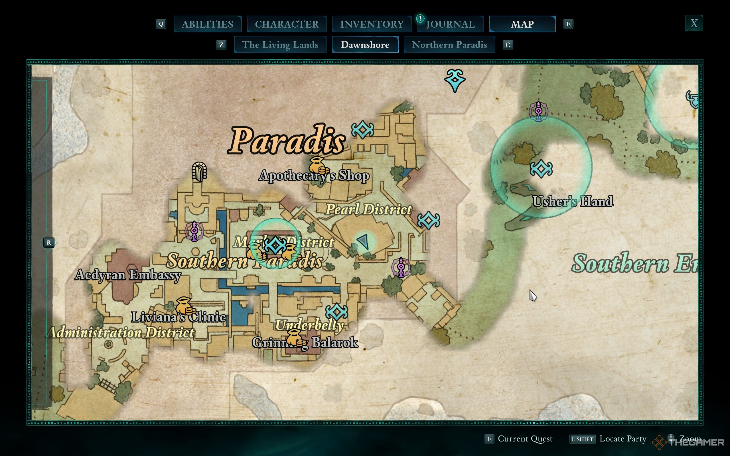 The location of Meiko on the map, marked by a blue, glowing arrow.