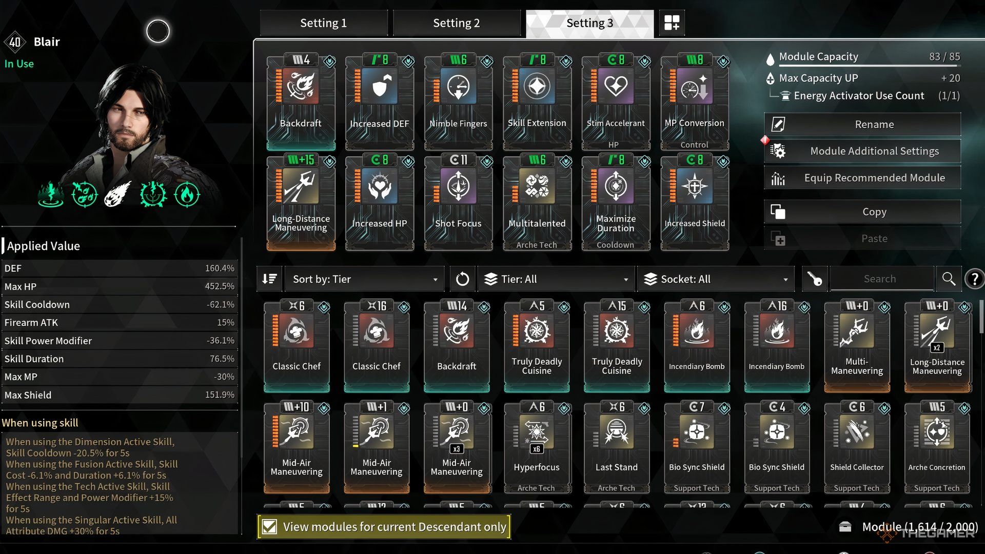 Showcasing Blair's build complete with stats and modules in The First Descendant.