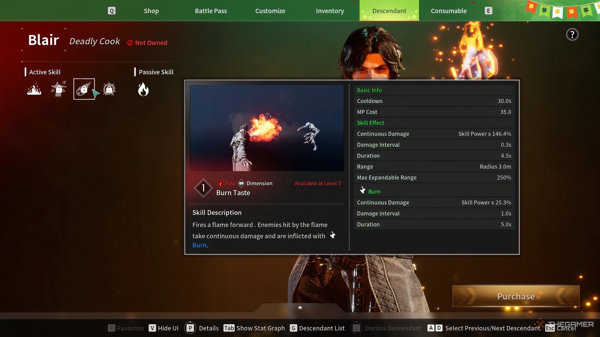 Showcasing Blair's Burn Taste skill via a preview window in The First Descendant.