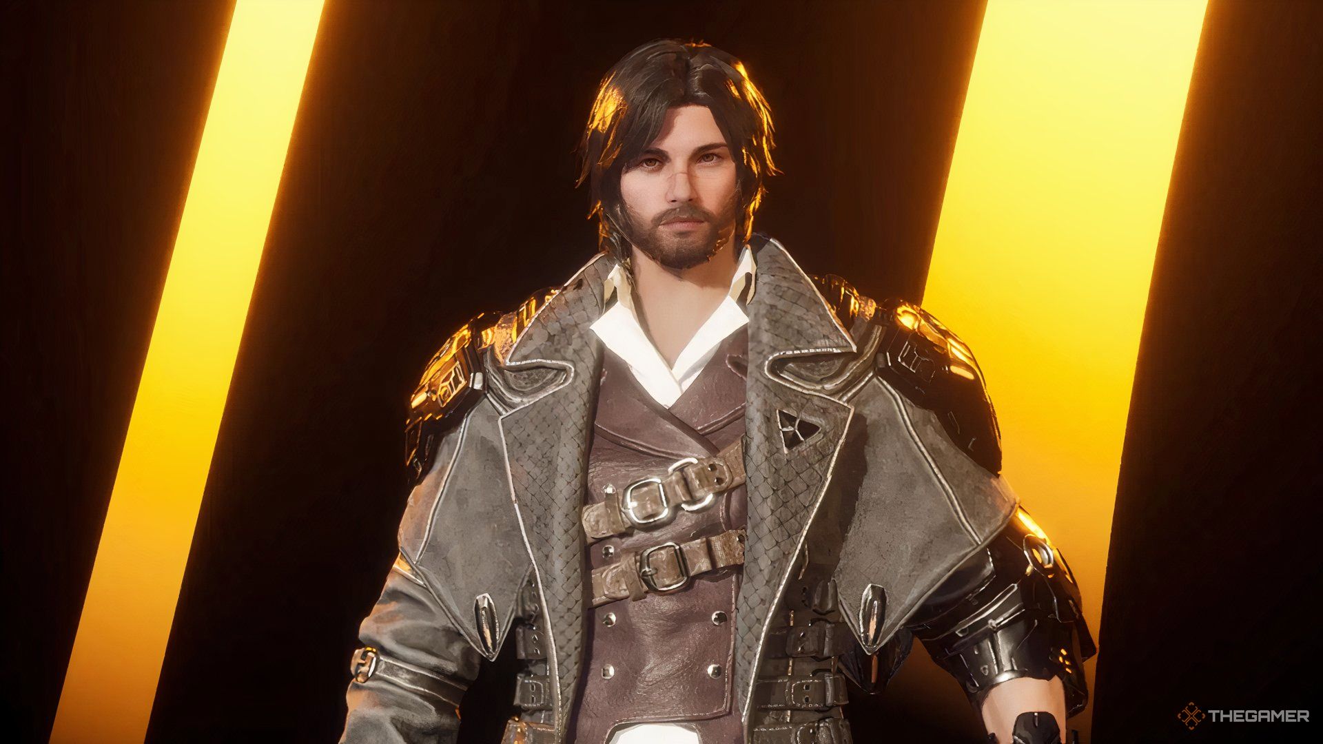 Blair standing in front of a black background with yellow stripes in The First Descendant.
