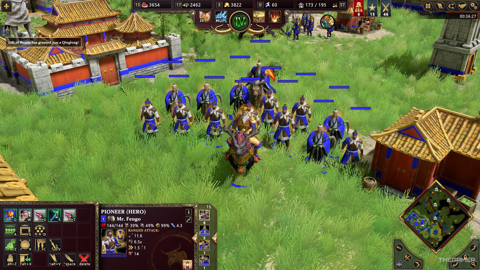 Blue player chooses Shennong as major god and trains some hero units in Age of Mythology - Retold