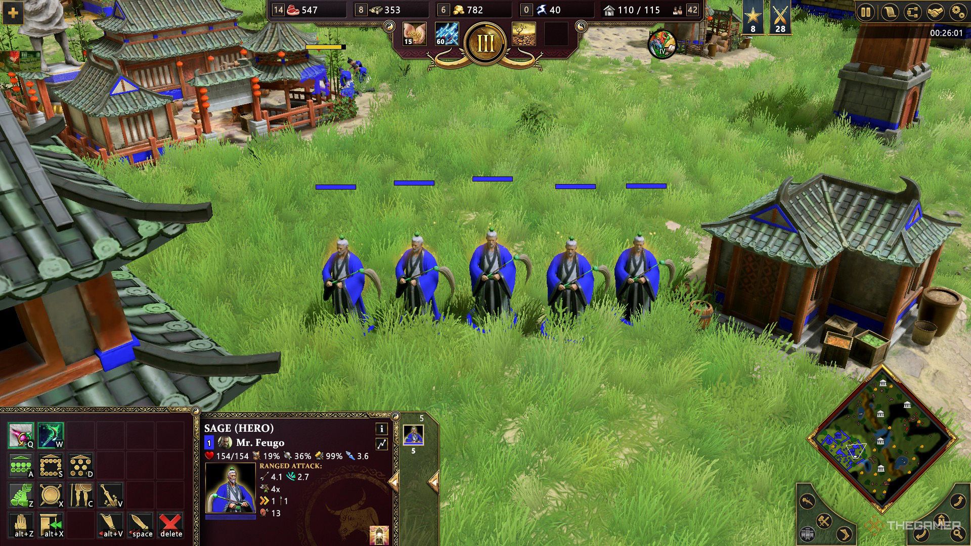 Blue player's five sage is standing near the Chinese town center in Age of Mythology - Retold