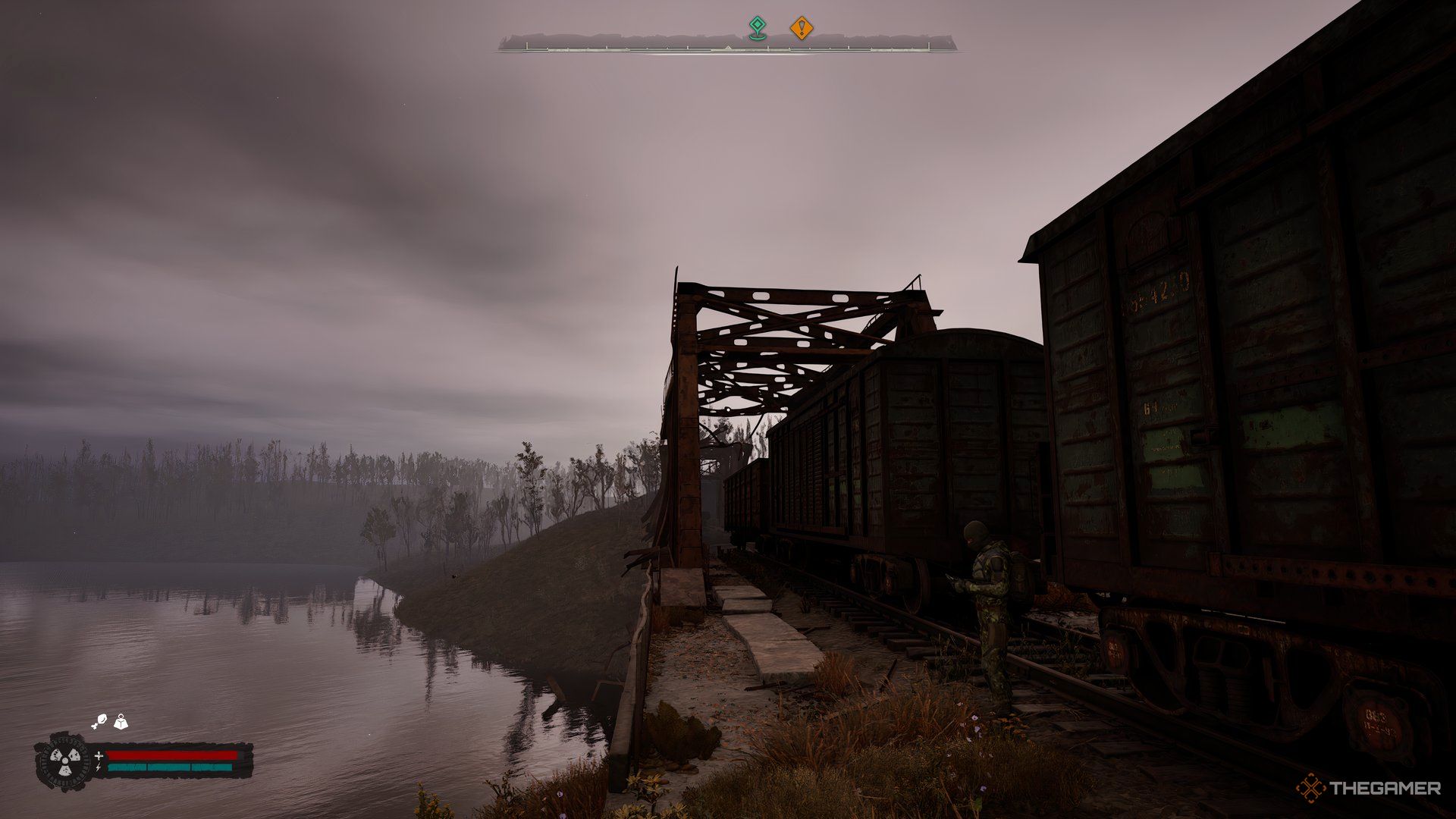 An image showing a broken train bridge in Stalker 2.