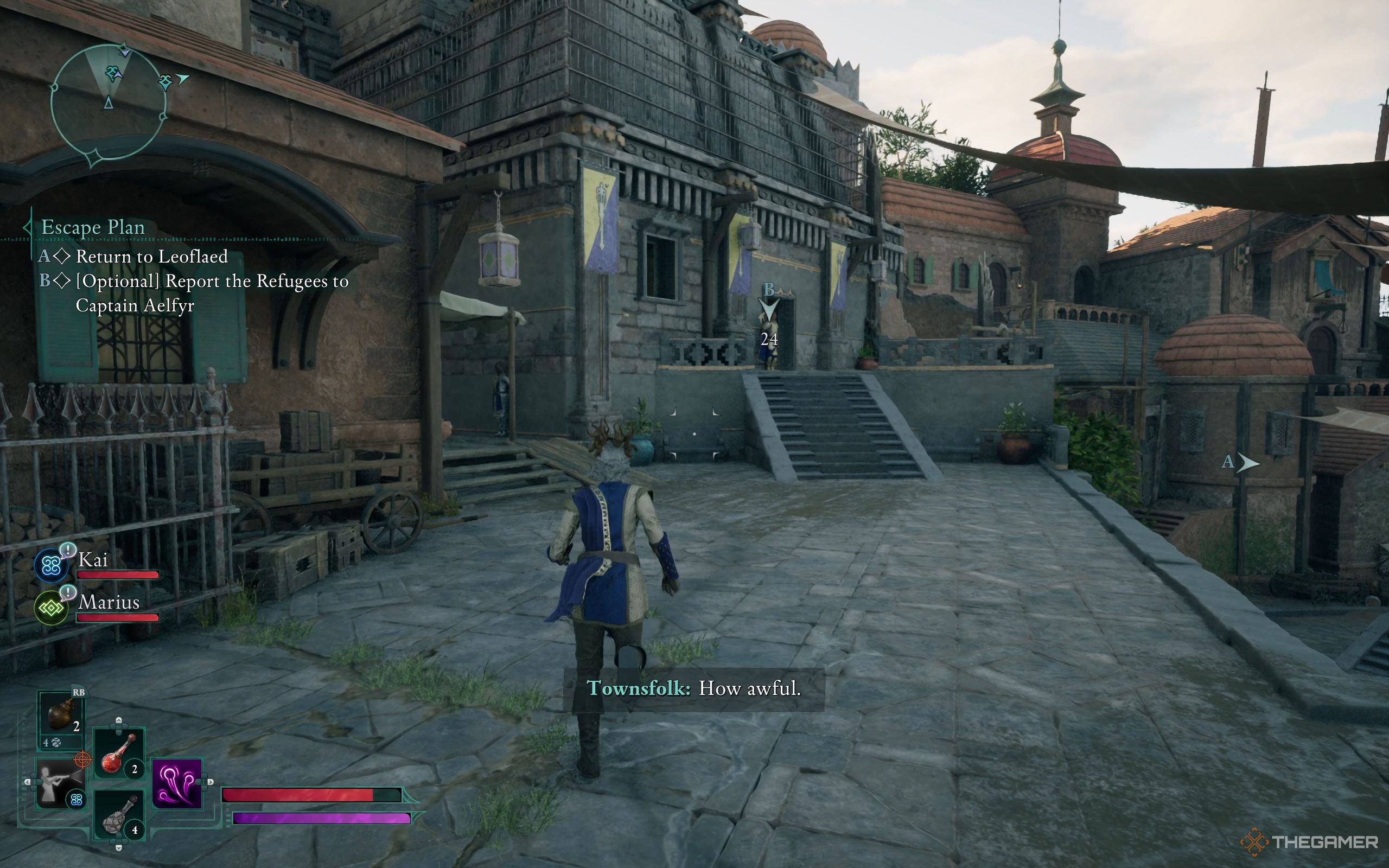 Captain Aelfyr stands before a stone building with flags in yellow and purple.