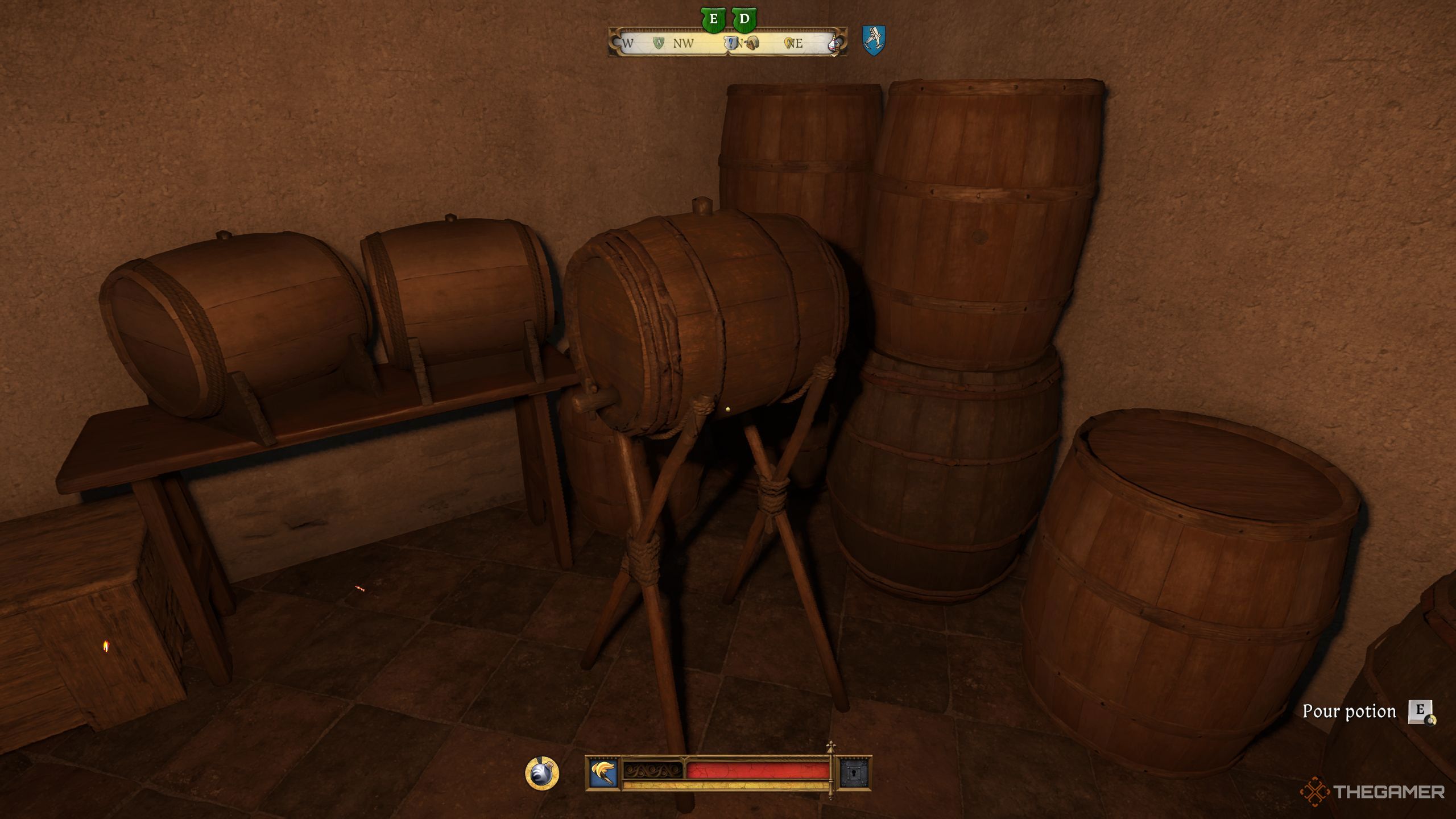 Henry standing in front of a wooden barrel containing wine in Kingdom Come: Deliverance 2.